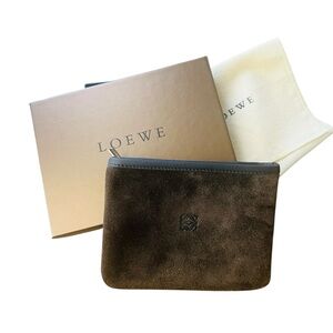 Loewe Small Suede Zipper Pouch w/ Box and Dust Bag Brown Leather Logo-Great Gift